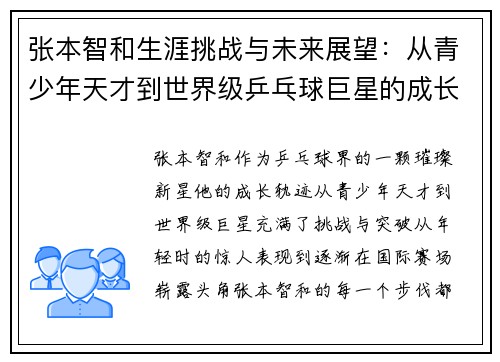张本智和生涯挑战与未来展望：从青少年天才到世界级乒乓球巨星的成长轨迹